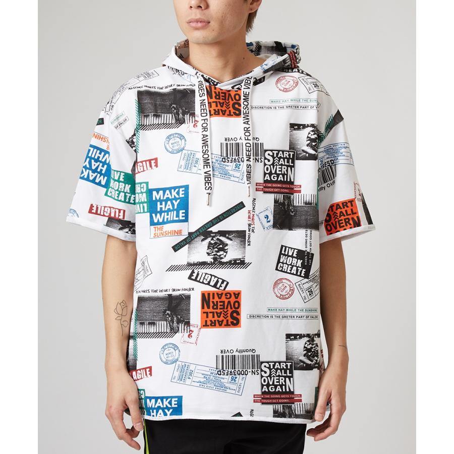 ビッグTシャツ メンズ ビッグパーカー ビッグシルエット Tシャツ カットソー 半袖 フード Tパーカー ストリート系 プリント 総柄 白 黒 | improves | 06