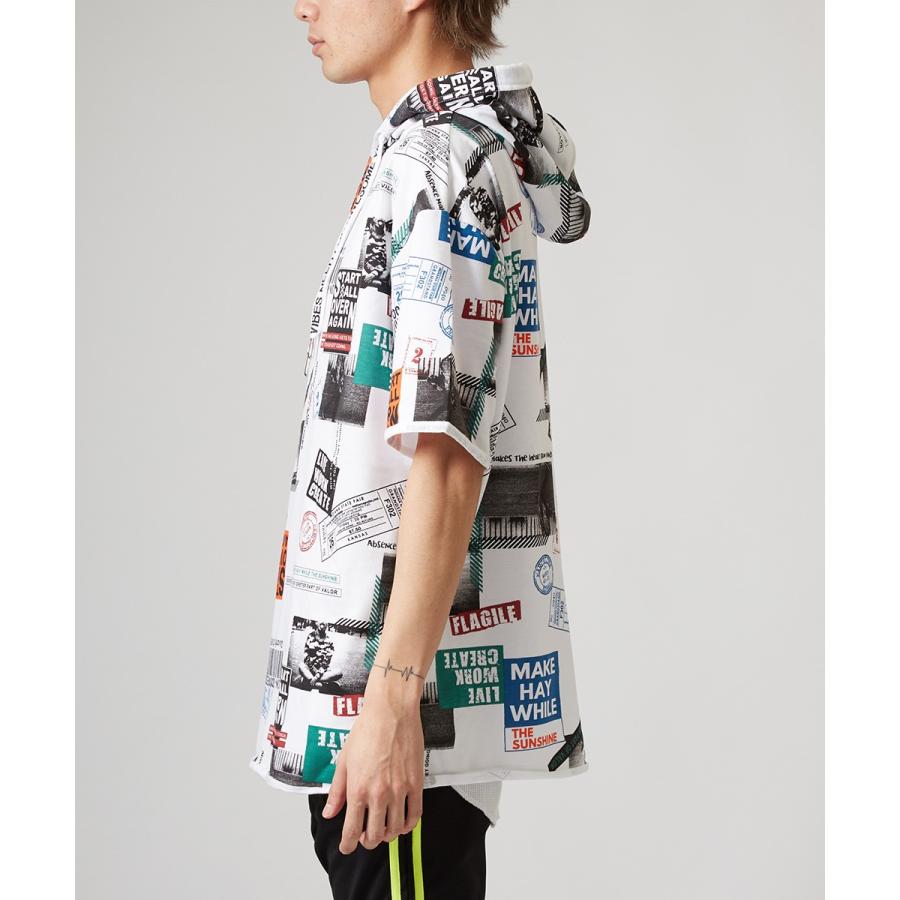 ビッグTシャツ メンズ ビッグパーカー ビッグシルエット Tシャツ カットソー 半袖 フード Tパーカー ストリート系 プリント 総柄 白 黒 | improves | 07