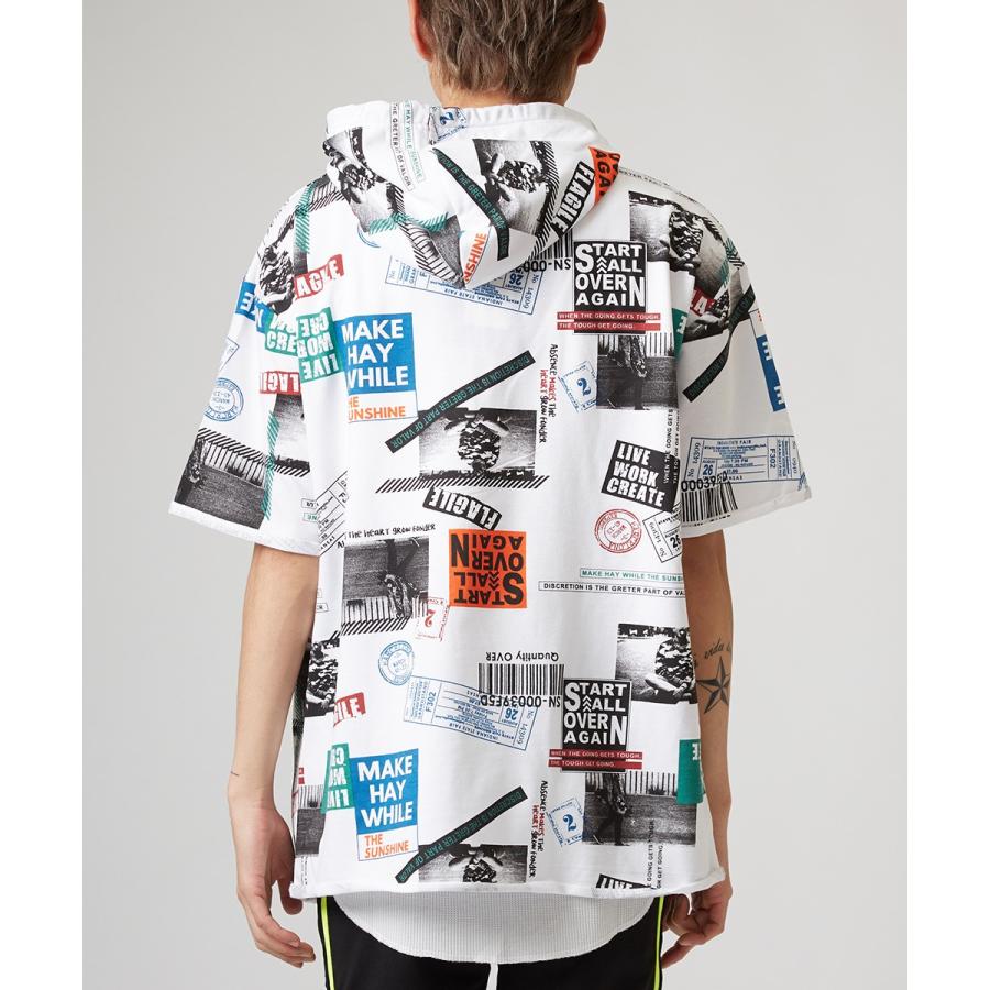 ビッグTシャツ メンズ ビッグパーカー ビッグシルエット Tシャツ カットソー 半袖 フード Tパーカー ストリート系 プリント 総柄 白 黒 | improves | 08