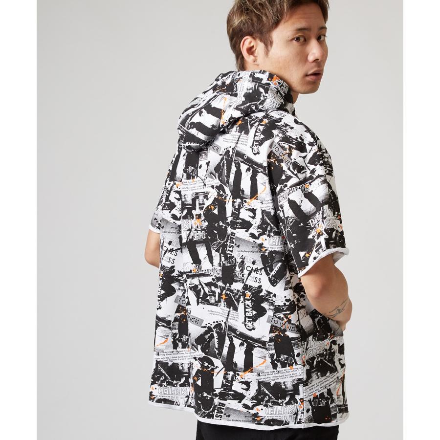 ビッグTシャツ メンズ ビッグパーカー ビッグシルエット Tシャツ カットソー 半袖 フード Tパーカー ストリート系 プリント 総柄 白 黒 | improves | 02