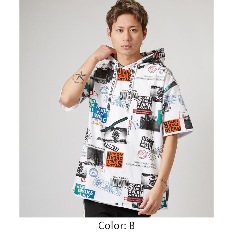ビッグTシャツ メンズ ビッグパーカー ビッグシルエット Tシャツ カットソー 半袖 フード Tパーカー ストリート系 プリント 総柄 白 黒 | improves | 03