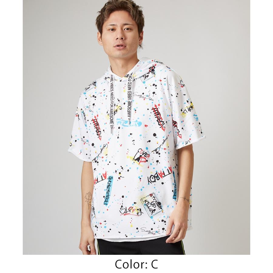 ビッグTシャツ メンズ ビッグパーカー ビッグシルエット Tシャツ カットソー 半袖 フード Tパーカー ストリート系 プリント 総柄 白 黒 | improves | 04