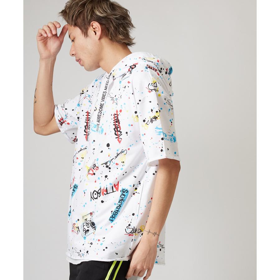 ビッグTシャツ メンズ ビッグパーカー ビッグシルエット Tシャツ カットソー 半袖 フード Tパーカー ストリート系 プリント 総柄 白 黒 | improves | 05