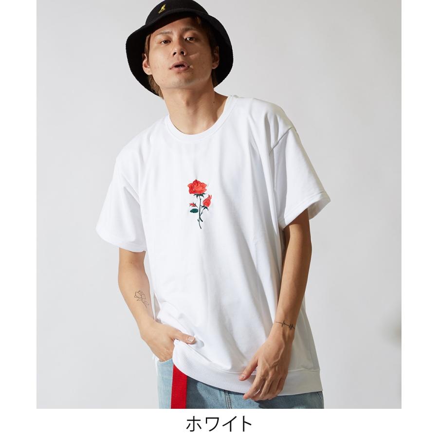 バラ刺繍 ビッグシルエット トレーナー メンズ 半袖 スウェット スエット オーバーサイズ ビッグサイズ クルーネック カットソー 黒 白 | improves | 01