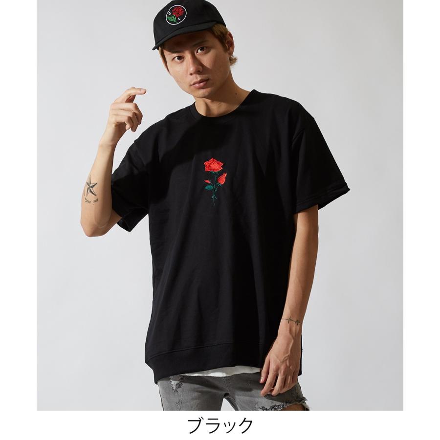 バラ刺繍 ビッグシルエット トレーナー メンズ 半袖 スウェット スエット オーバーサイズ ビッグサイズ クルーネック カットソー 黒 白 | improves | 03