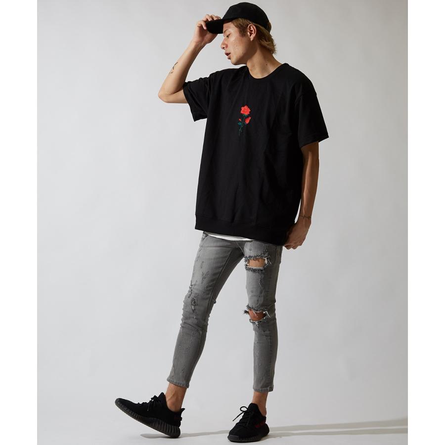 バラ刺繍 ビッグシルエット トレーナー メンズ 半袖 スウェット スエット オーバーサイズ ビッグサイズ クルーネック カットソー 黒 白 | improves | 04