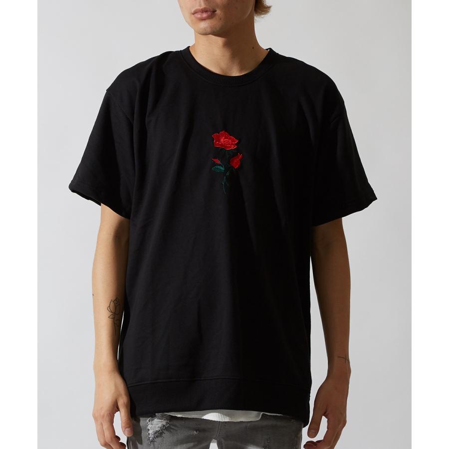 バラ刺繍 ビッグシルエット トレーナー メンズ 半袖 スウェット スエット オーバーサイズ ビッグサイズ クルーネック カットソー 黒 白 | improves | 05