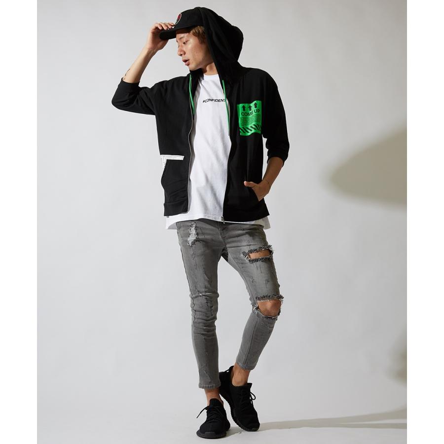 7分袖 パーカー メンズ ジップアップパーカー ジップパーカー ロゴ プリント カットソー 七分袖 ブラック ホワイト 黒 白 ストリート系 | improves | 06