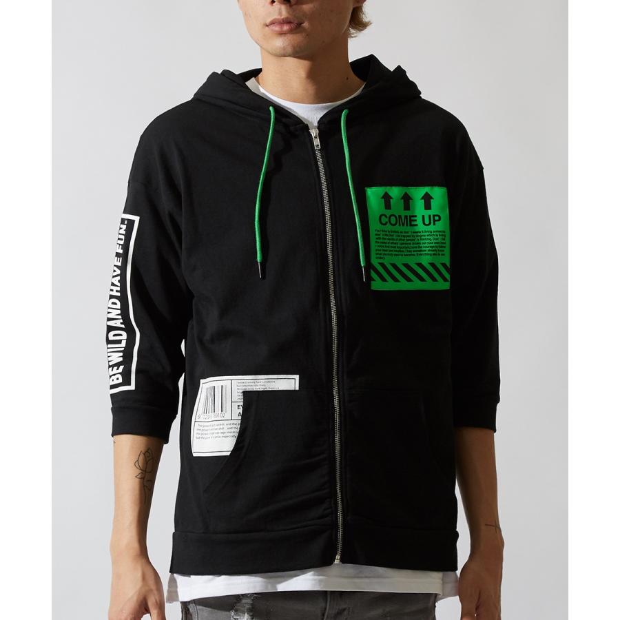 7分袖 パーカー メンズ ジップアップパーカー ジップパーカー ロゴ プリント カットソー 七分袖 ブラック ホワイト 黒 白 ストリート系 | improves | 07