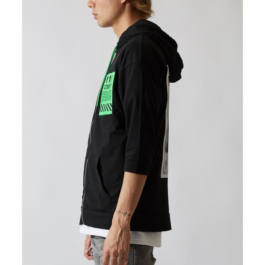 7分袖 パーカー メンズ ジップアップパーカー ジップパーカー ロゴ プリント カットソー 七分袖 ブラック ホワイト 黒 白 ストリート系 | improves | 08