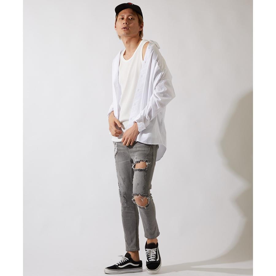 タンクトップ メンズ ロングタンク ロング丈 カットソー 無地 ワッフル Tシャツ ホワイト ブラック グレー 白 黒 韓国ファッション | improves | 02