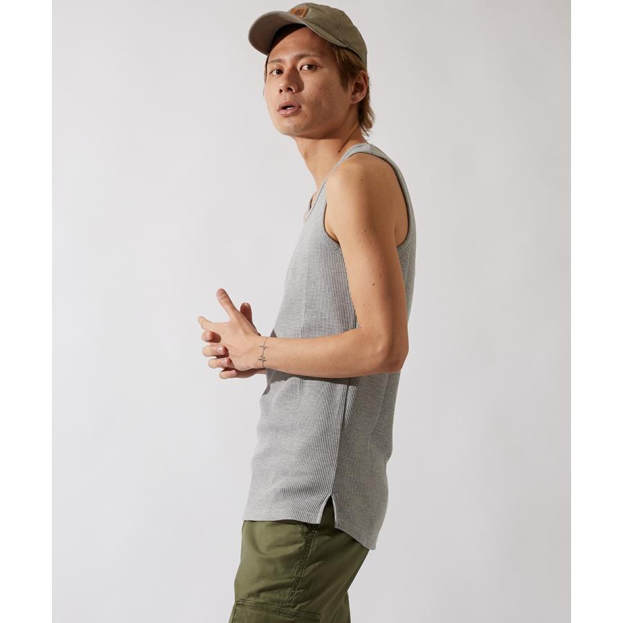 タンクトップ メンズ ロングタンク ロング丈 カットソー 無地 ワッフル Tシャツ ホワイト ブラック グレー 白 黒 韓国ファッション | improves | 04