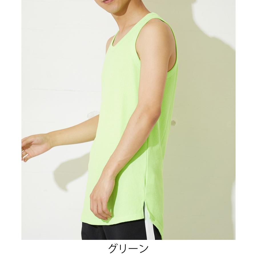 ロング タンクトップ メンズ ワッフル 生地 無地 ロング丈タンクトップ カットソー ホワイト ブラック ネオンカラー 蛍光色 improves | improves | 03