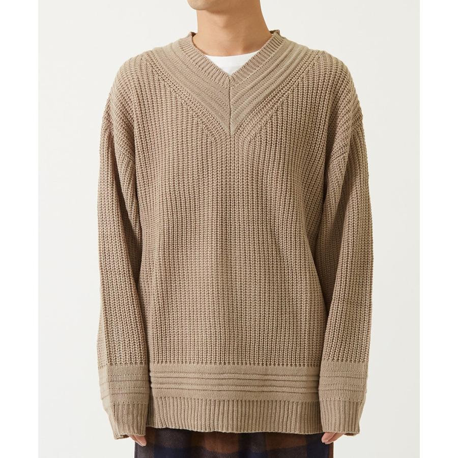 セーター メンズ  チルデンニット ニットセーター ゆったり オーバーサイズ ドロップショルダー 大きいサイズ 無地 Vネック 長袖 白 improves | improves | 06