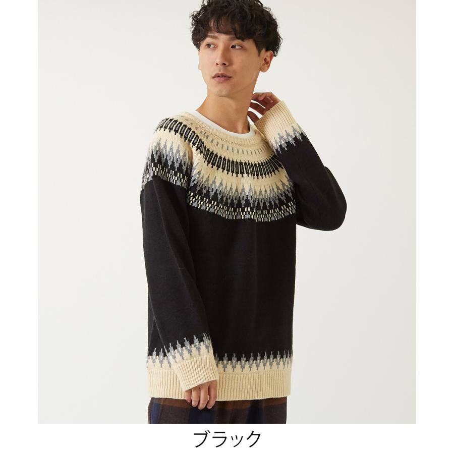 セーター メンズ  ノルディック柄 クルーネック ニットセーター ゆったり オーバーサイズ ドロップショルダー 大きいサイズ 長袖 黒 improves | improves | 09