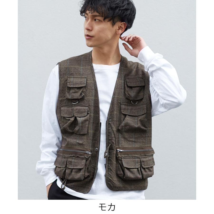 Revo. レヴォ ミリタリーベスト メンズ ツールベスト フィッシャーベスト トラベル グレンチェック 総柄 シャドーチェック ポケット モカ ブラック 春 | Revo. | 01