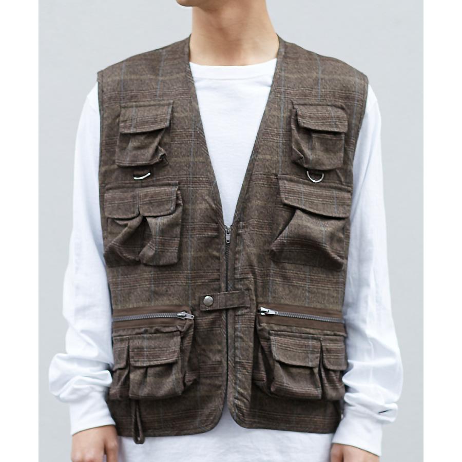 Revo. レヴォ ミリタリーベスト メンズ ツールベスト フィッシャーベスト トラベル グレンチェック 総柄 シャドーチェック ポケット モカ ブラック 春 | Revo. | 06