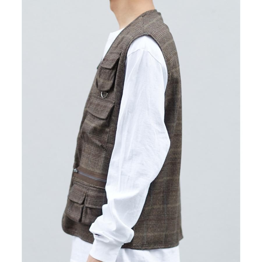 Revo. レヴォ ミリタリーベスト メンズ ツールベスト フィッシャーベスト トラベル グレンチェック 総柄 シャドーチェック ポケット モカ ブラック 春 | Revo. | 07