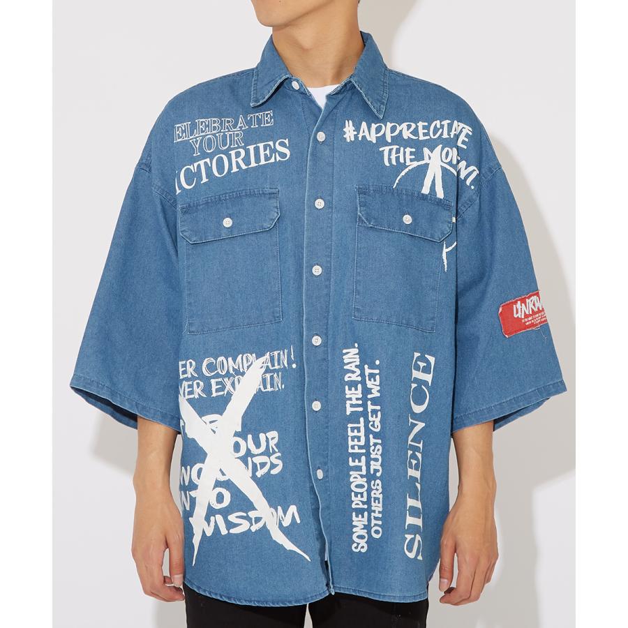 ビッグシャツ メンズ 半袖シャツ ロゴプリント ビッグシルエット オーバーサイズ 大きいサイズ デニムシャツ 青 黒 白 improves | improves | 09