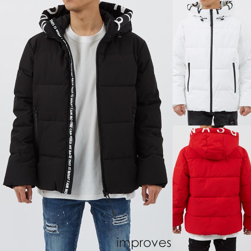 中綿ジャケット メンズ 防寒 撥水 フードジャケット スタンドネック ボリュームネック 無地 黒 白 赤 ダウンジャケット improves | improves