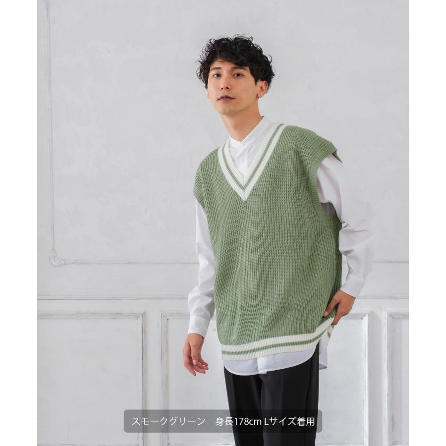 Aga 梳毛Ⅴネックベスト　日本製　定価32,000円 ベスト ジレ 畦編みサイドスリットVネックニットベスト メンズ