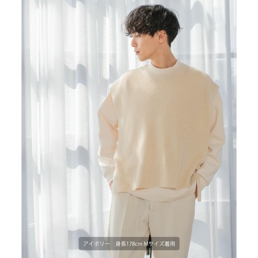 ニット ベスト 畦編み ざっくり ゆったり オーバーサイズ サイドリングベルト 丸首 クルーネック 無地 メンズ | improves | 01