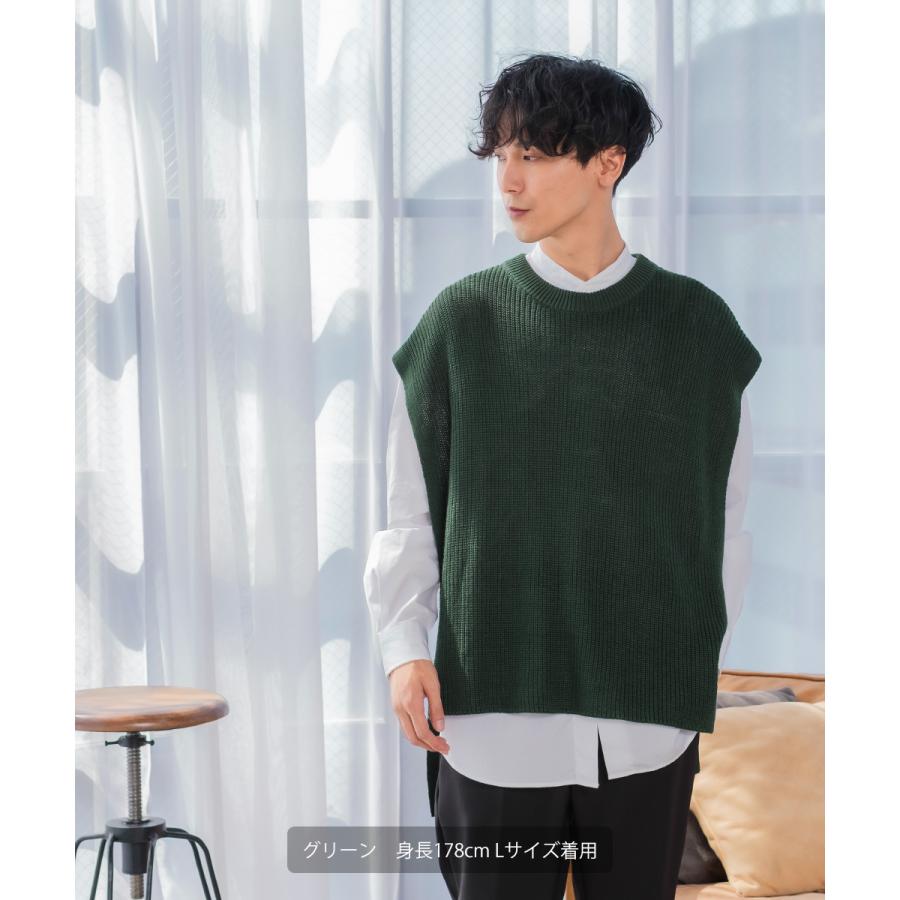 ニット ベスト 畦編み ざっくり ゆったり オーバーサイズ サイドリングベルト 丸首 クルーネック 無地 メンズ | improves | 10