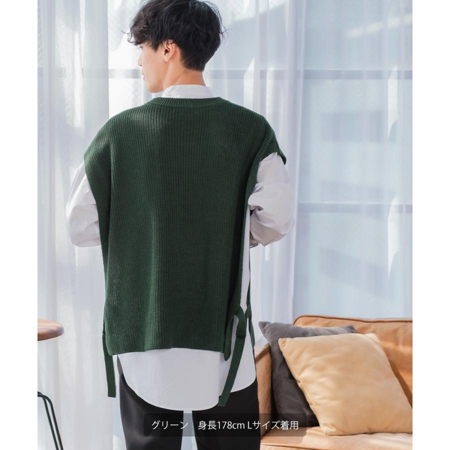 ニット ベスト 畦編み ざっくり ゆったり オーバーサイズ サイドリングベルト 丸首 クルーネック 無地 メンズ | improves | 11