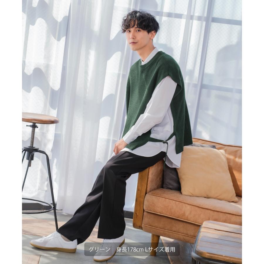 ニット ベスト 畦編み ざっくり ゆったり オーバーサイズ サイドリングベルト 丸首 クルーネック 無地 メンズ | improves | 12