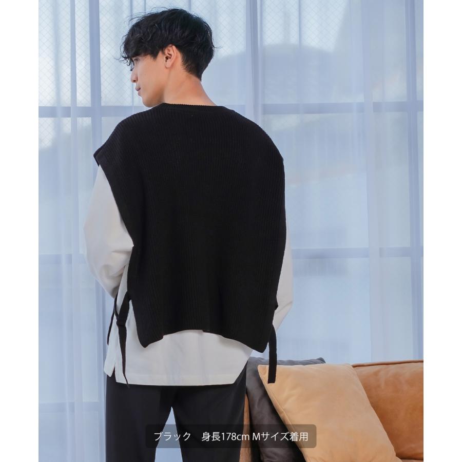 ニット ベスト 畦編み ざっくり ゆったり オーバーサイズ サイドリングベルト 丸首 クルーネック 無地 メンズ | improves | 14