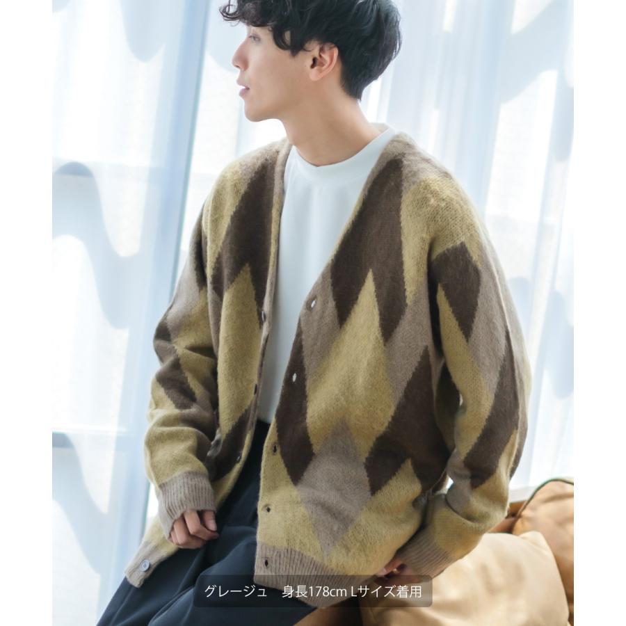 モヘアタッチ総柄カーディガン メンズ モヘア アーガイル Vネック 起毛 カーディガン ビッグシルエット オーバーサイズ | improves | 06