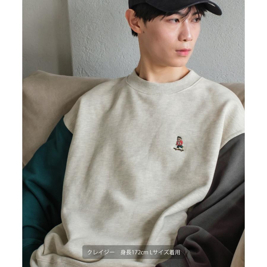 ワンポイントトレーナー メンズ クマ マスコット 刺繍 ワッペン クルー