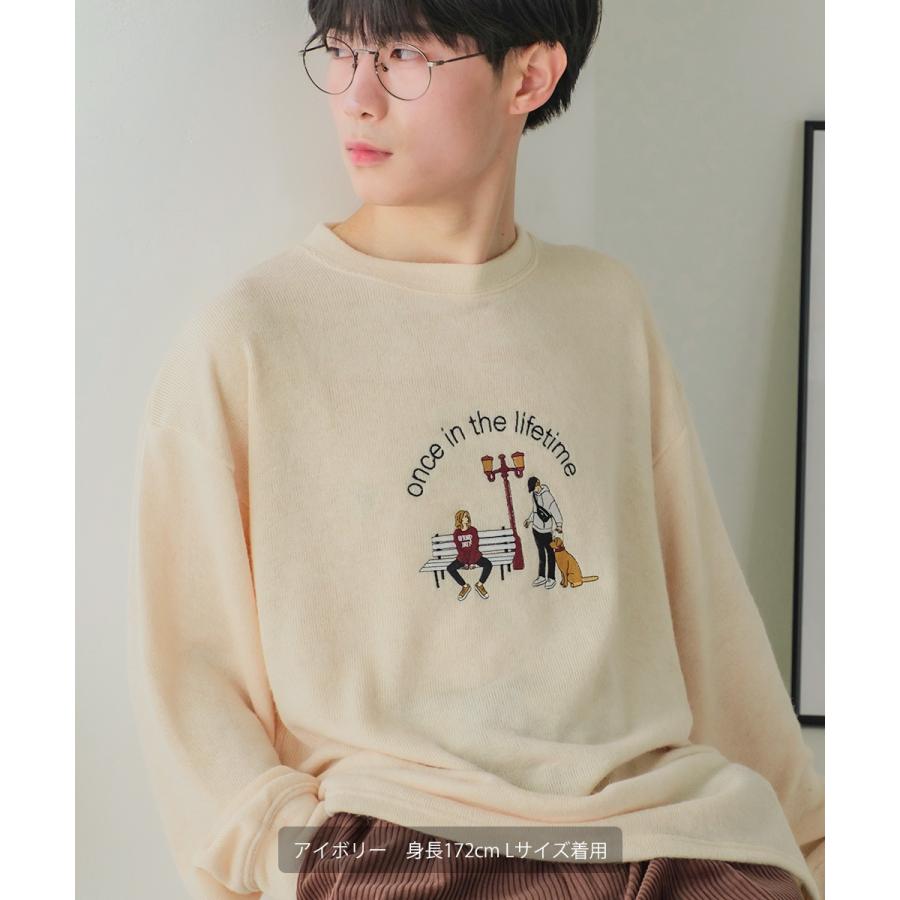ニット メンズ サガラ刺繍ニットソー キャラクター刺繍 クルーネック 長袖 オーバーサイズ ゆったり アメカジ カジュアル | improves | 01