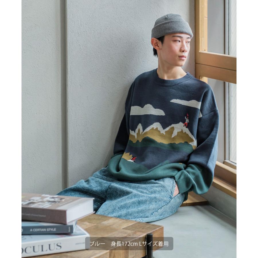 ヒト刺繍 ダブルジャガードニット セーター メンズ 長袖 クルーネック イラストタッチ レトロ 古着風 オーバーサイズ 大きいサイズ ゆったり 韓国ファッション | improves | 01