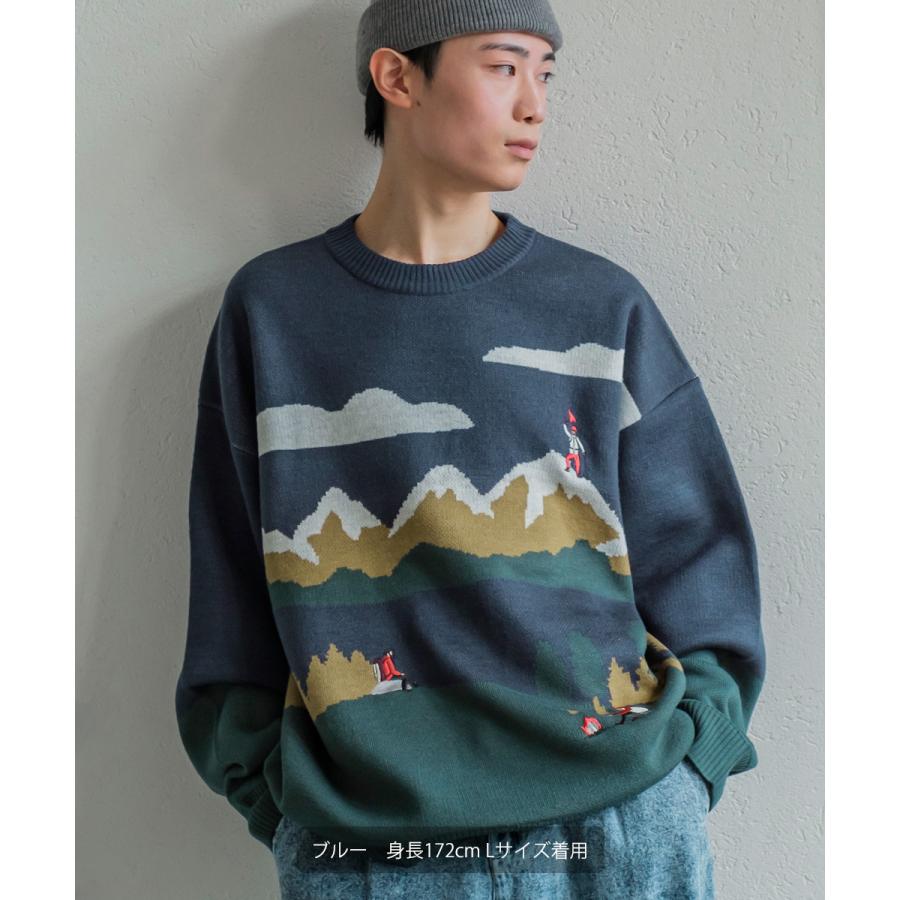 ヒト刺繍 ダブルジャガードニット セーター メンズ 長袖 クルーネック イラストタッチ レトロ 古着風 オーバーサイズ 大きいサイズ ゆったり 韓国ファッション | improves | 03