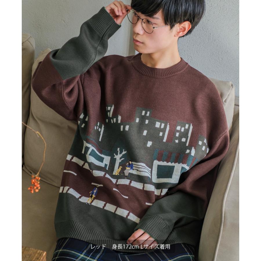 ヒト刺繍 ダブルジャガードニット セーター メンズ 長袖 クルーネック イラストタッチ レトロ 古着風 オーバーサイズ 大きいサイズ ゆったり 韓国ファッション | improves | 05