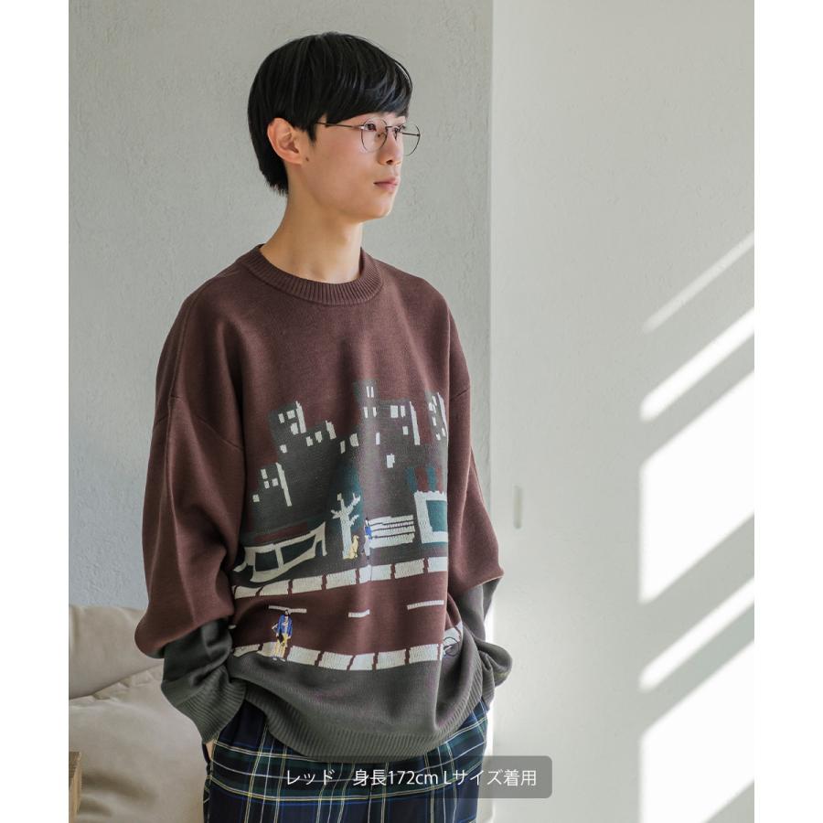 ヒト刺繍 ダブルジャガードニット セーター メンズ 長袖 クルーネック イラストタッチ レトロ 古着風 オーバーサイズ 大きいサイズ ゆったり 韓国ファッション | improves | 06