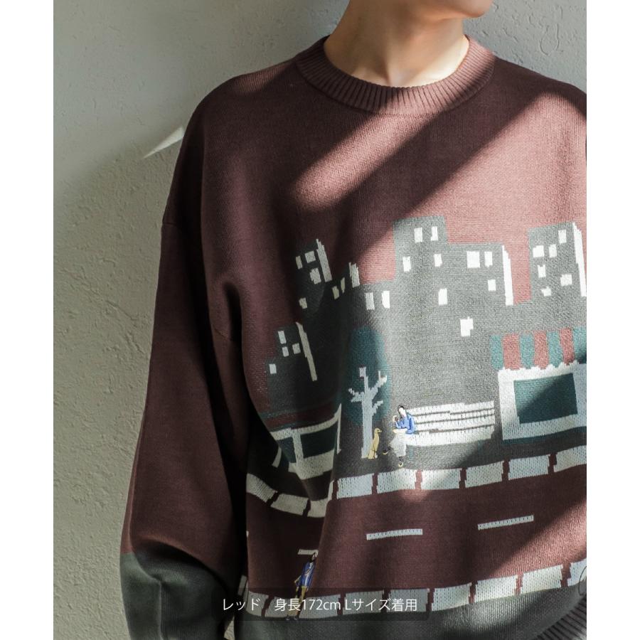 ヒト刺繍 ダブルジャガードニット セーター メンズ 長袖 クルーネック イラストタッチ レトロ 古着風 オーバーサイズ 大きいサイズ ゆったり 韓国ファッション | improves | 07