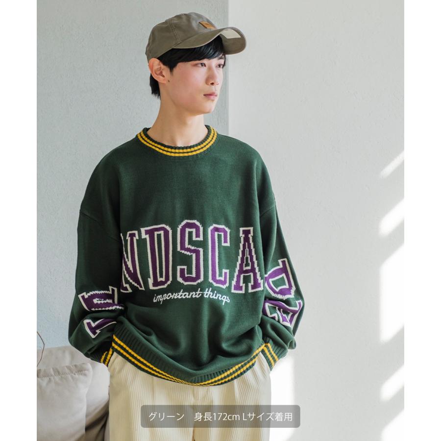 カレッジロゴ ダブルジャガードニット セーター メンズ クルーネック 袖ロゴ 刺繍 オーバーサイズ 大きいサイズ ゆったり 韓国ファッション カジュアル アメカジ | improves | 01