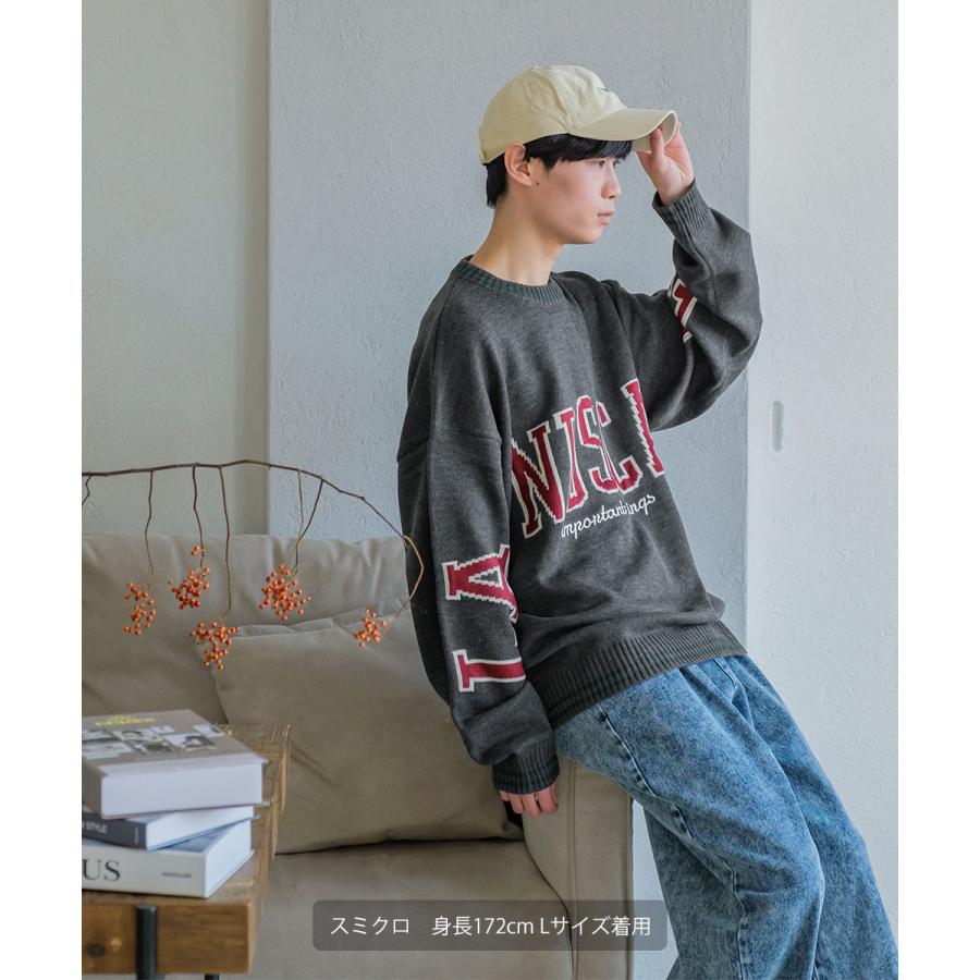 カレッジロゴ ダブルジャガードニット セーター メンズ クルーネック 袖ロゴ 刺繍 オーバーサイズ 大きいサイズ ゆったり 韓国ファッション カジュアル アメカジ | improves | 11