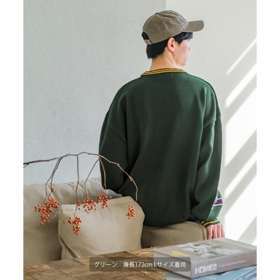 カレッジロゴ ダブルジャガードニット セーター メンズ クルーネック 袖ロゴ 刺繍 オーバーサイズ 大きいサイズ ゆったり 韓国ファッション カジュアル アメカジ | improves | 02