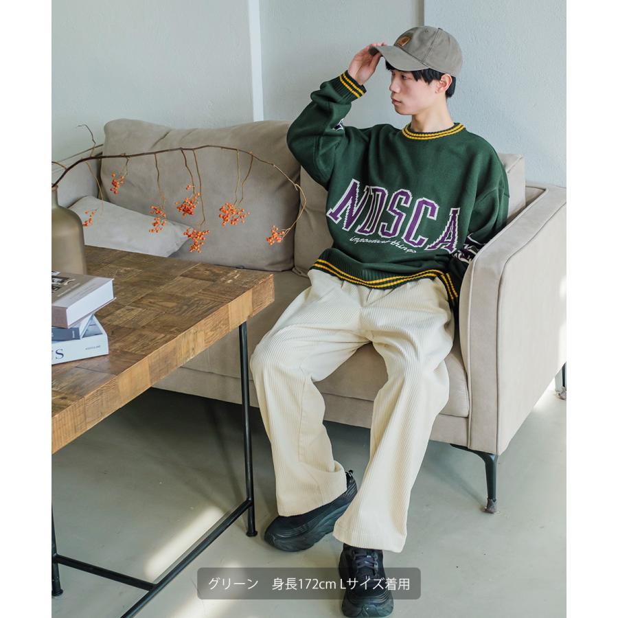 カレッジロゴ ダブルジャガードニット セーター メンズ クルーネック 袖ロゴ 刺繍 オーバーサイズ 大きいサイズ ゆったり 韓国ファッション カジュアル アメカジ | improves | 03