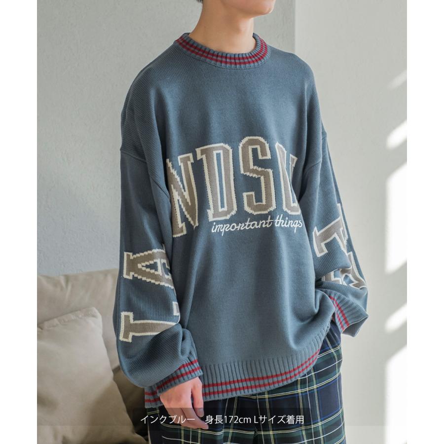 カレッジロゴ ダブルジャガードニット セーター メンズ クルーネック 袖ロゴ 刺繍 オーバーサイズ 大きいサイズ ゆったり 韓国ファッション カジュアル アメカジ | improves | 04