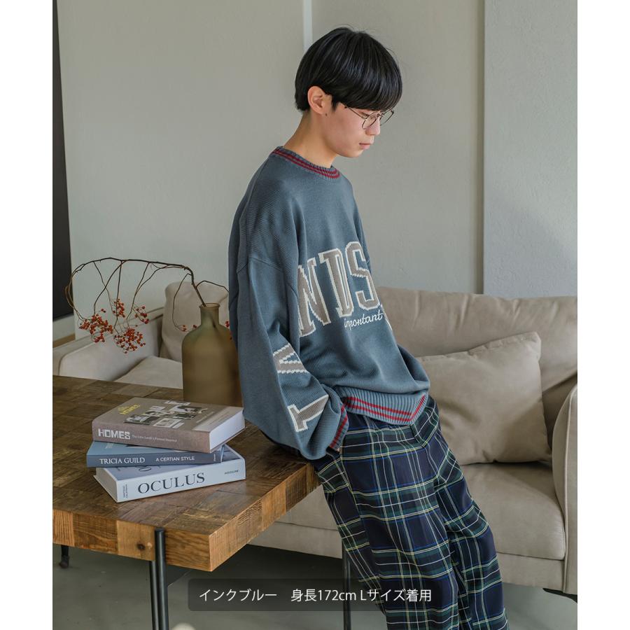 カレッジロゴ ダブルジャガードニット セーター メンズ クルーネック 袖ロゴ 刺繍 オーバーサイズ 大きいサイズ ゆったり 韓国ファッション カジュアル アメカジ | improves | 05