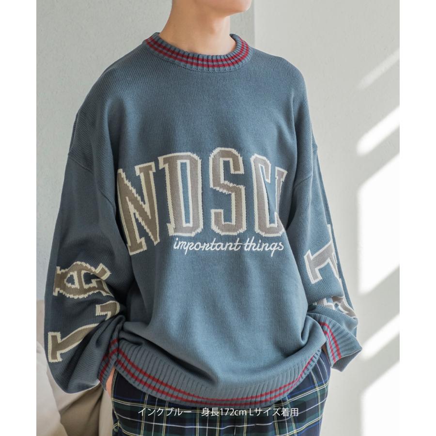 カレッジロゴ ダブルジャガードニット セーター メンズ クルーネック 袖ロゴ 刺繍 オーバーサイズ 大きいサイズ ゆったり 韓国ファッション カジュアル アメカジ | improves | 06