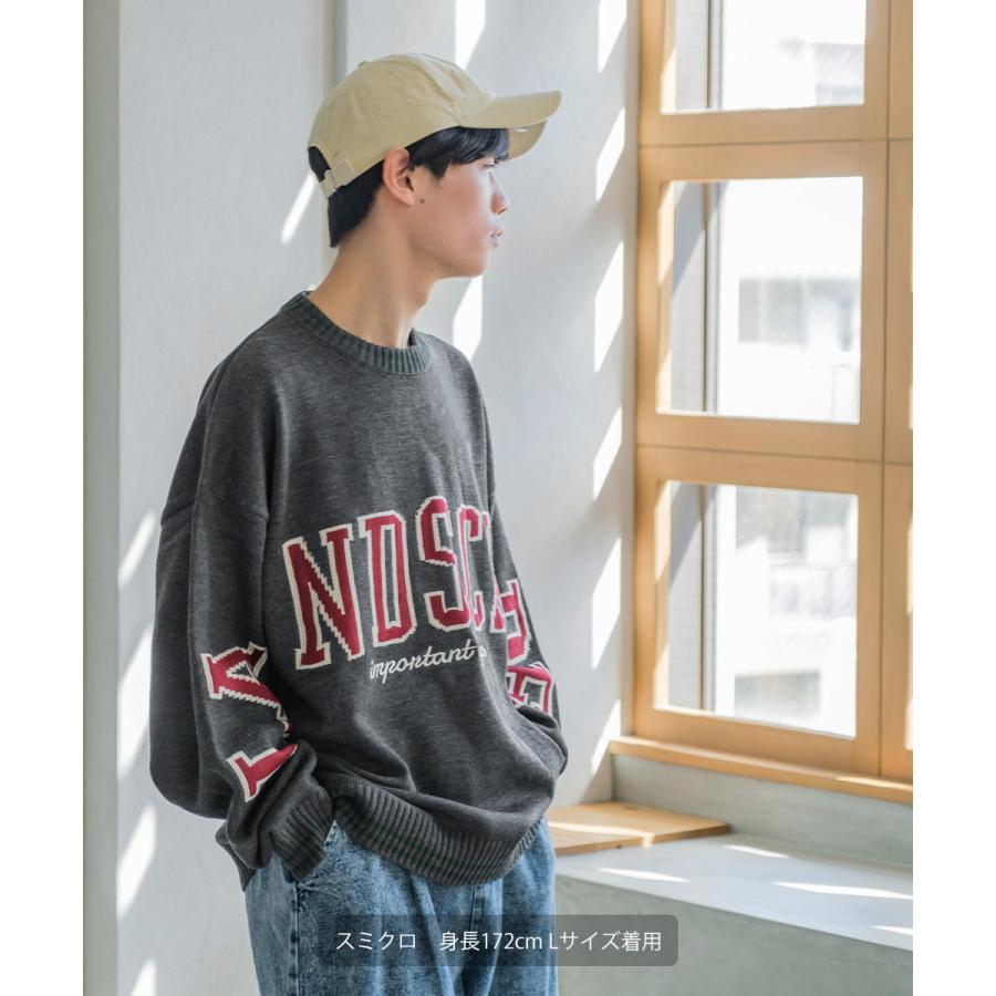 カレッジロゴ ダブルジャガードニット セーター メンズ クルーネック 袖ロゴ 刺繍 オーバーサイズ 大きいサイズ ゆったり 韓国ファッション カジュアル アメカジ | improves | 09