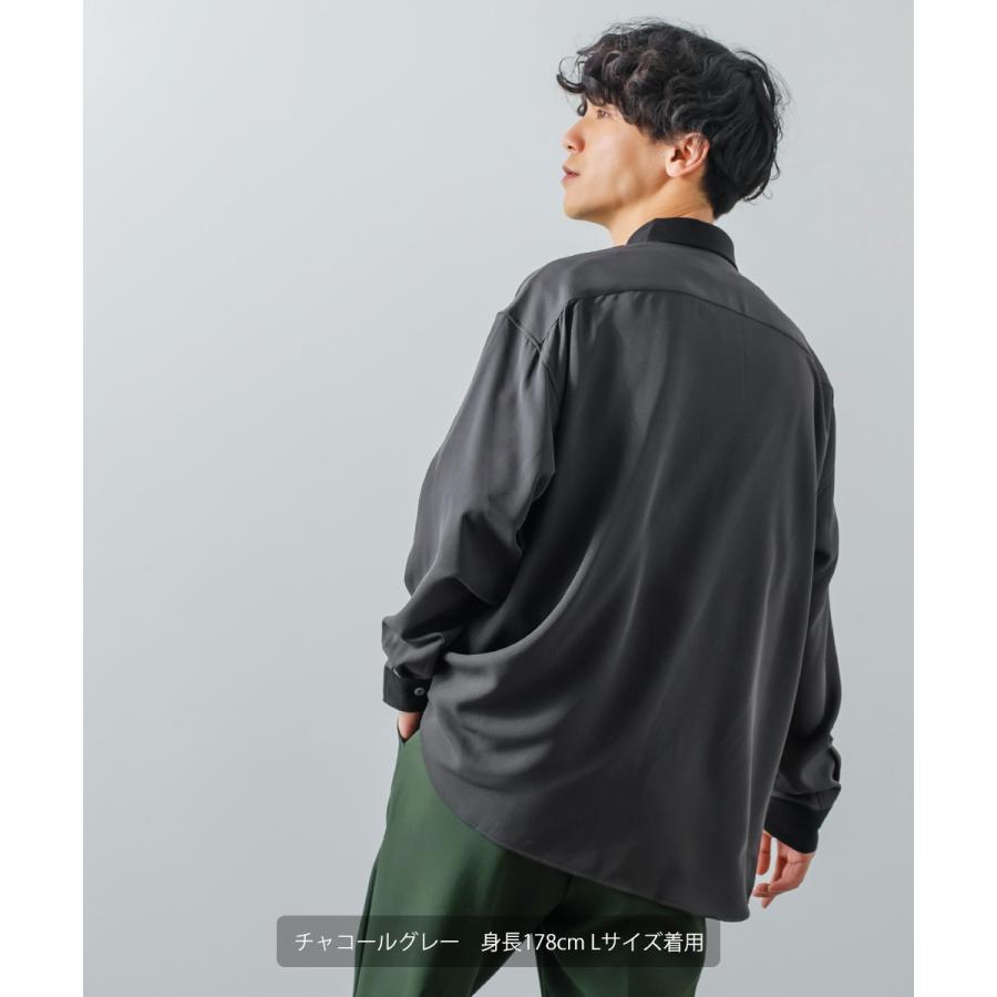 ナチュラルストレッチ クレリックシャツ メンズ 長袖 オーバーシャツ 無地 とろみ ゆったり きれいめ カジュアル モード 韓国ファッション 古着系 ホワイト 白 | improves | 10