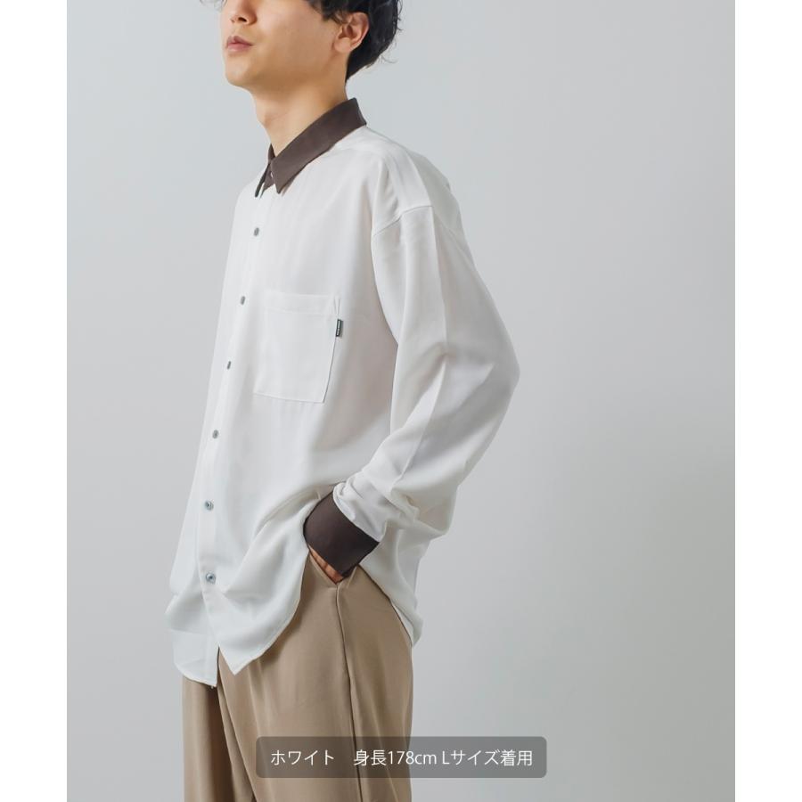 ナチュラルストレッチ クレリックシャツ メンズ 長袖 オーバーシャツ 無地 とろみ ゆったり きれいめ カジュアル モード 韓国ファッション 古着系 ホワイト 白 | improves | 02