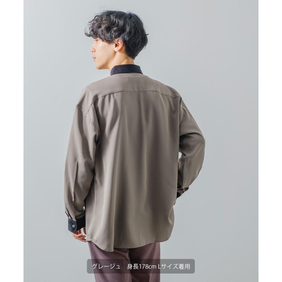 ナチュラルストレッチ クレリックシャツ メンズ 長袖 オーバーシャツ 無地 とろみ ゆったり きれいめ カジュアル モード 韓国ファッション 古着系 ホワイト 白 | improves | 05