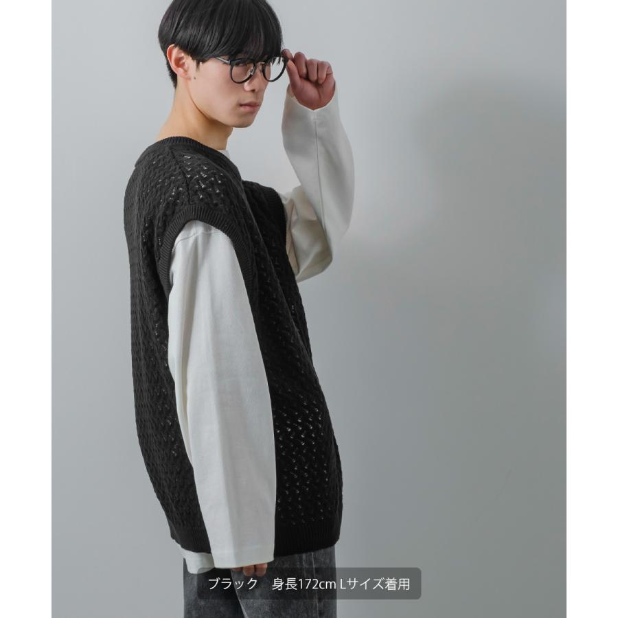 ニット ベスト メンズ オーバーサイズ 透かし編み クルーネック 丸首 ビッグシルエット 大きいサイズ ゆったり きれいめ 韓国ファッション 古着系 | improves | 08